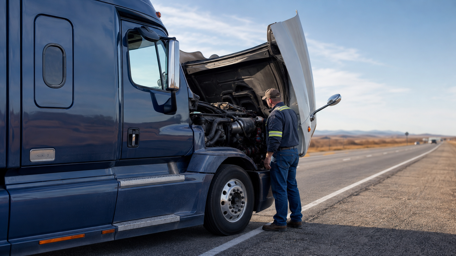 Truck driver checking a semi-truck with the hood open on the roadside