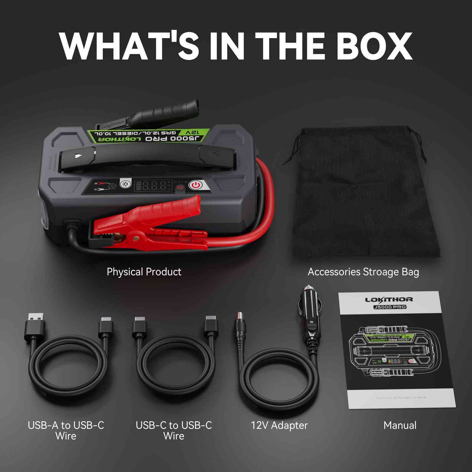 LOKITHOR J5000 PRO LiFePO4 Jump Starter 5000A with 100W Two-Way Fast Charging for 12.0L Gas / 10.0L Diesel