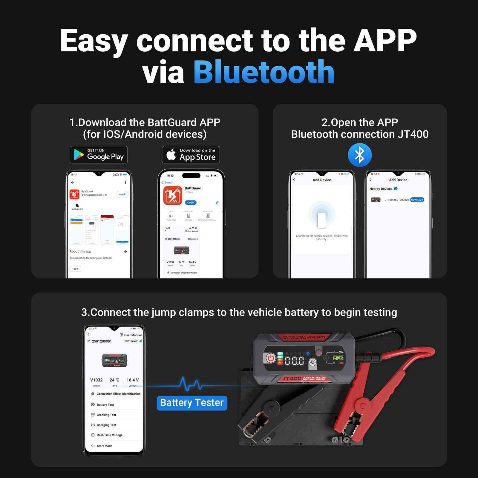 LOKITHOR JT400 100-2000 CCA Bluetooth Car Battery Tester Jump Starter 2500 Amps