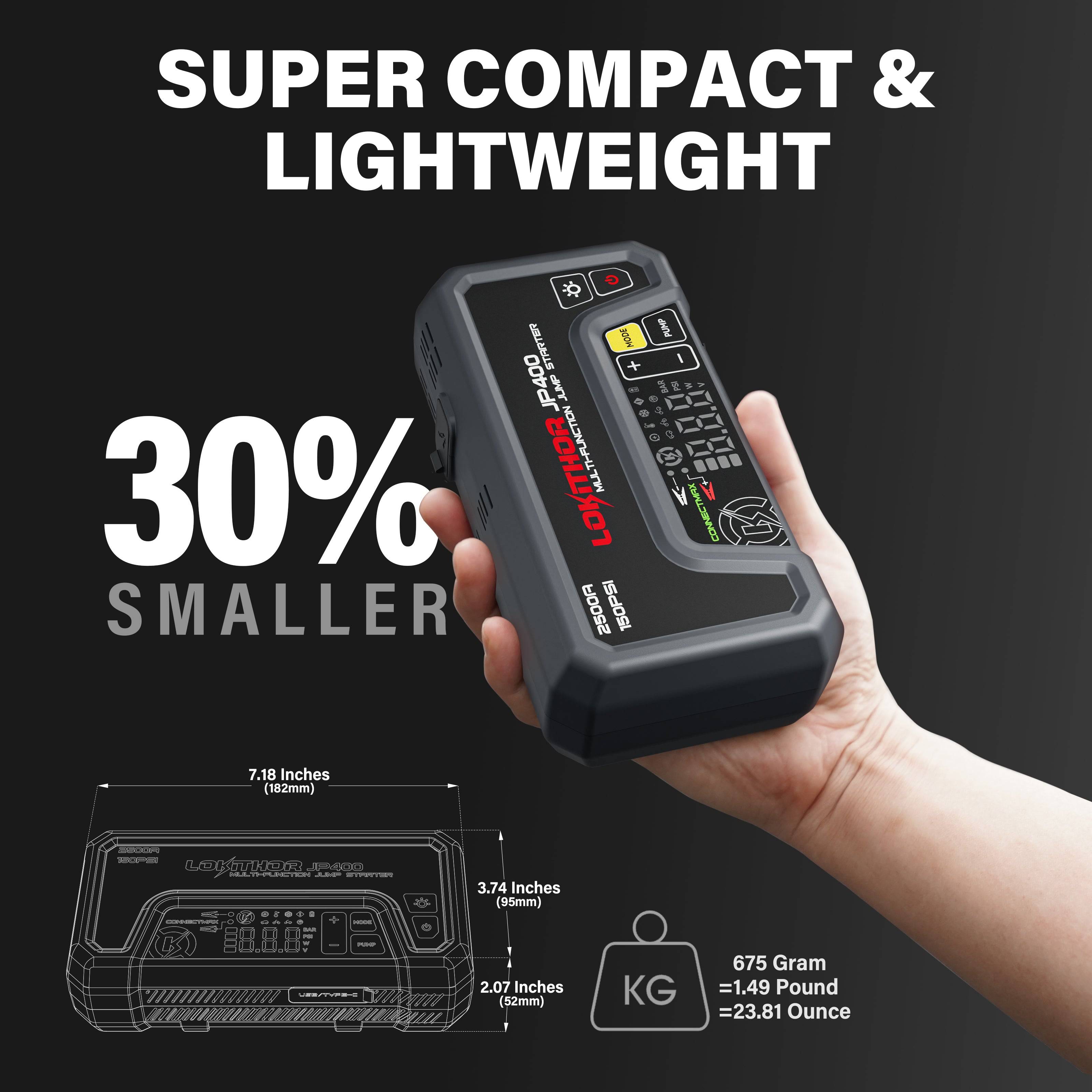 Compact LOKITHOR JP400 Jump Starter in hand
