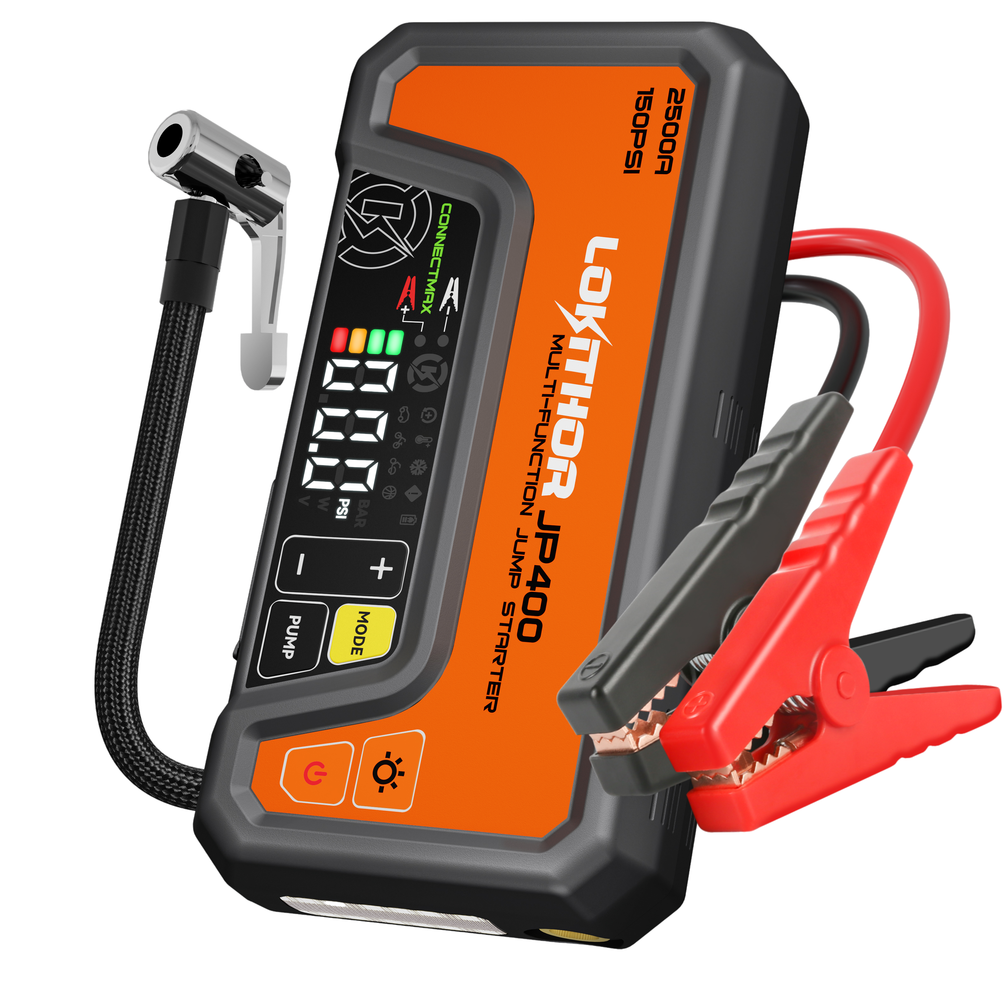Orange LOKITHOR JP400 Jump Starter with air hose and clamps