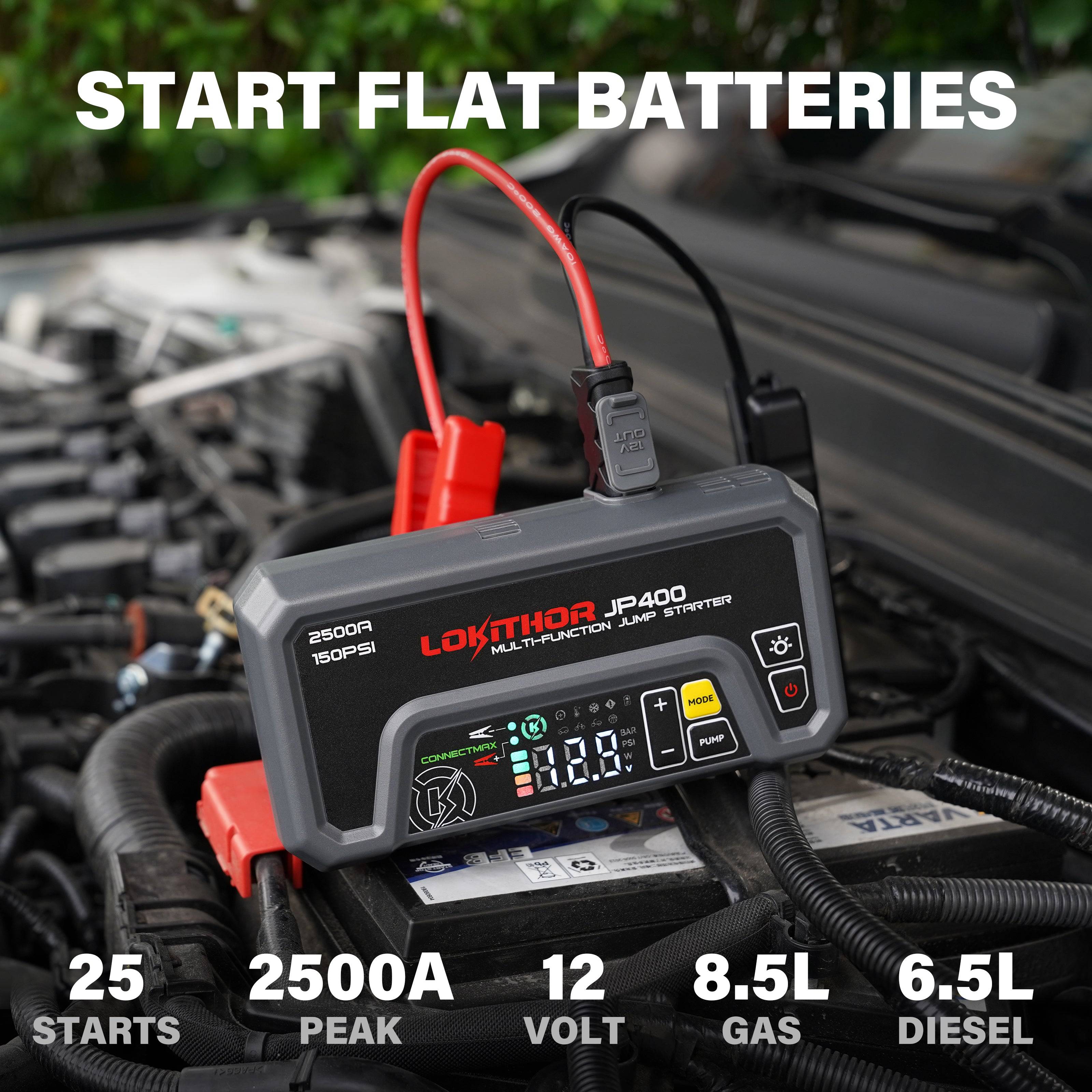 LOKITHOR JP400 Jump Starter in use on car engine