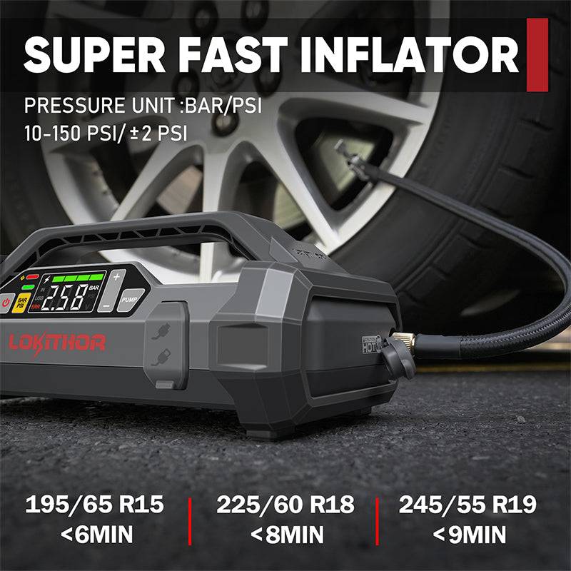 LOKITHOR JA300 inflating a tire with PSI display