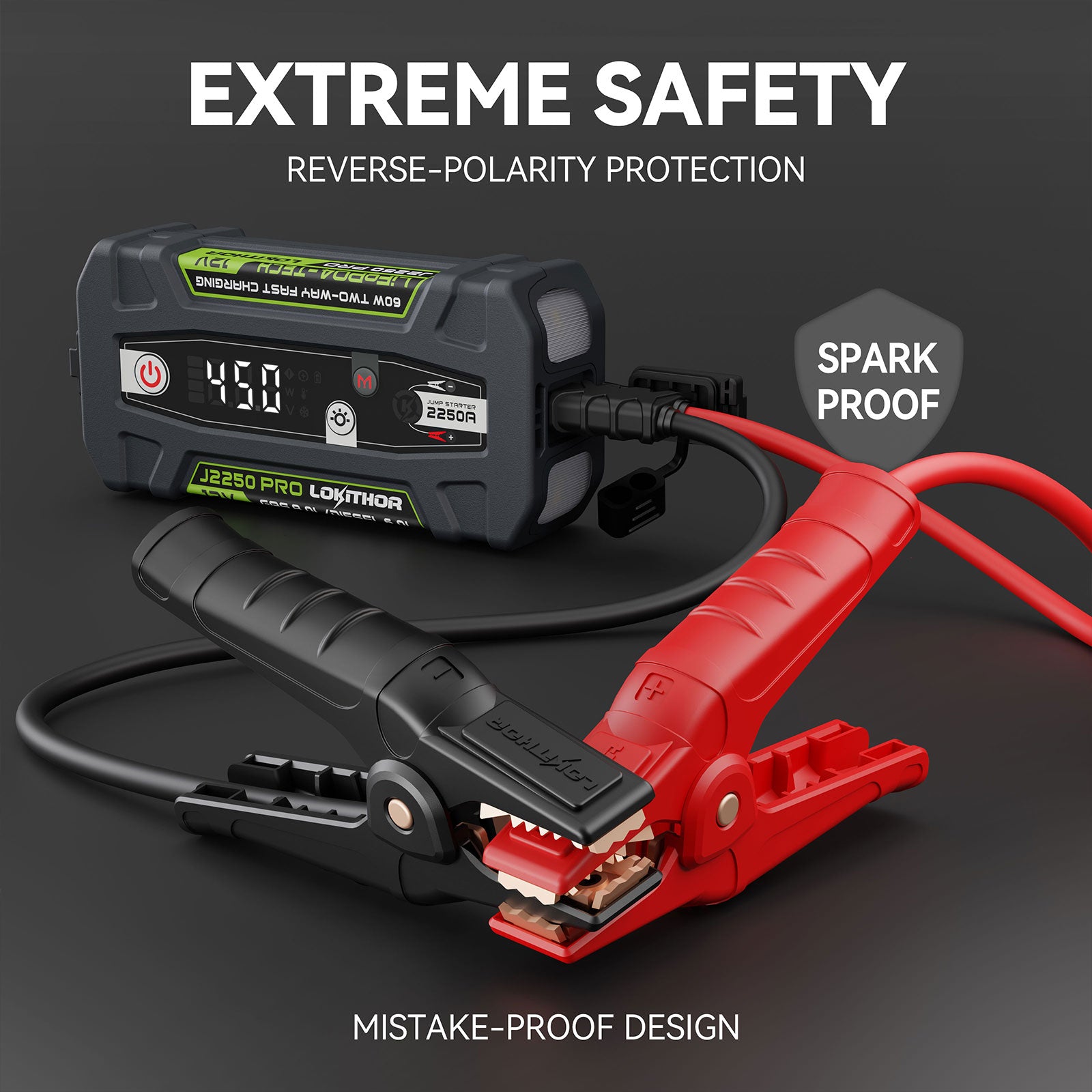 LOKITHOR J2250 PRO Jump Starter with extreme safety features including reverse-polarity protection and spark-proof clamps for secure use.