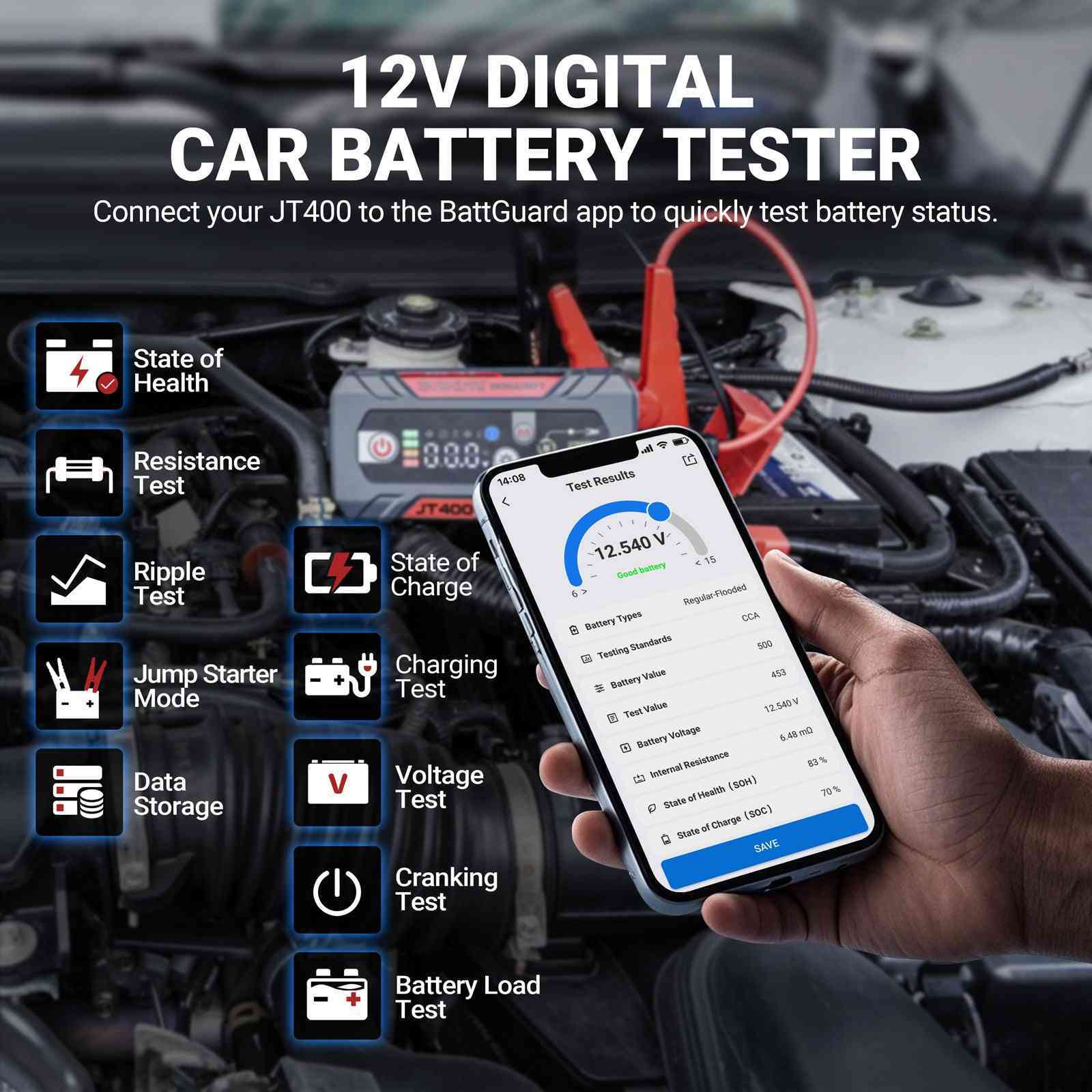 LOKITHOR JT400 100-2000 CCA Bluetooth Car Battery Tester Jump Starter 2500 Amps