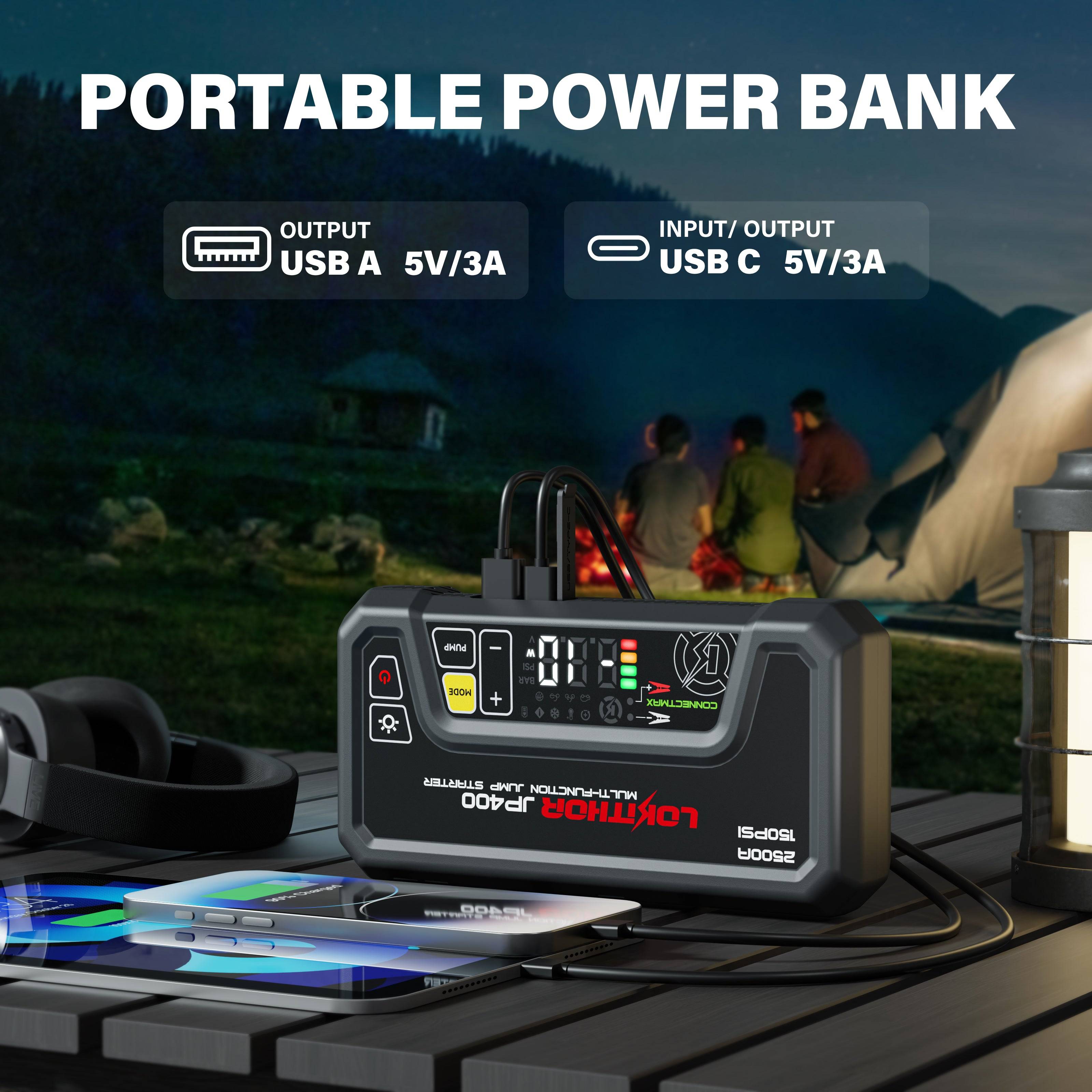 LOKITHOR JP400 Jump Starter as power bank at campsite