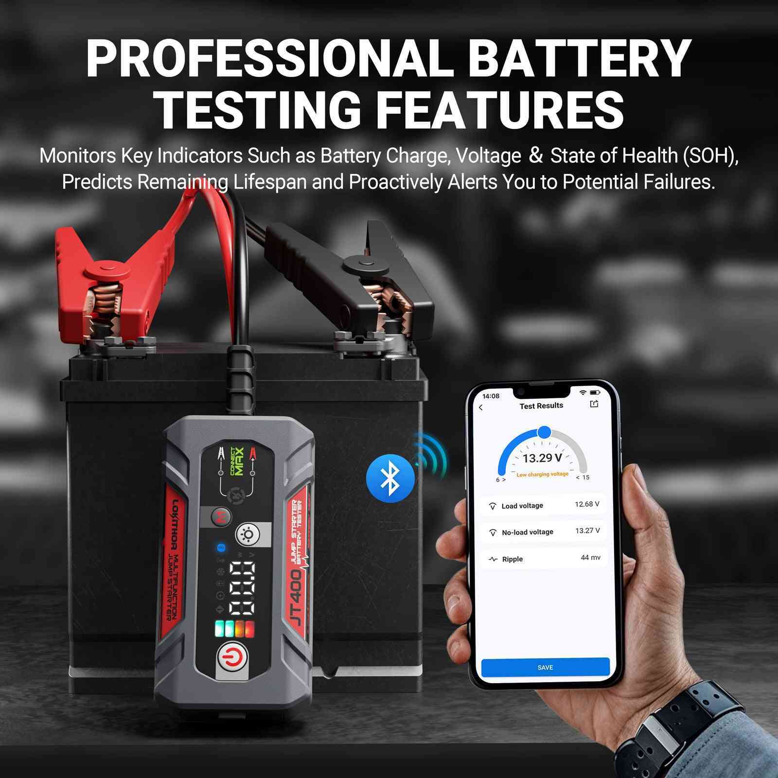 LOKITHOR JT400 100-2000 CCA Bluetooth Car Battery Tester Jump Starter 2500 Amps