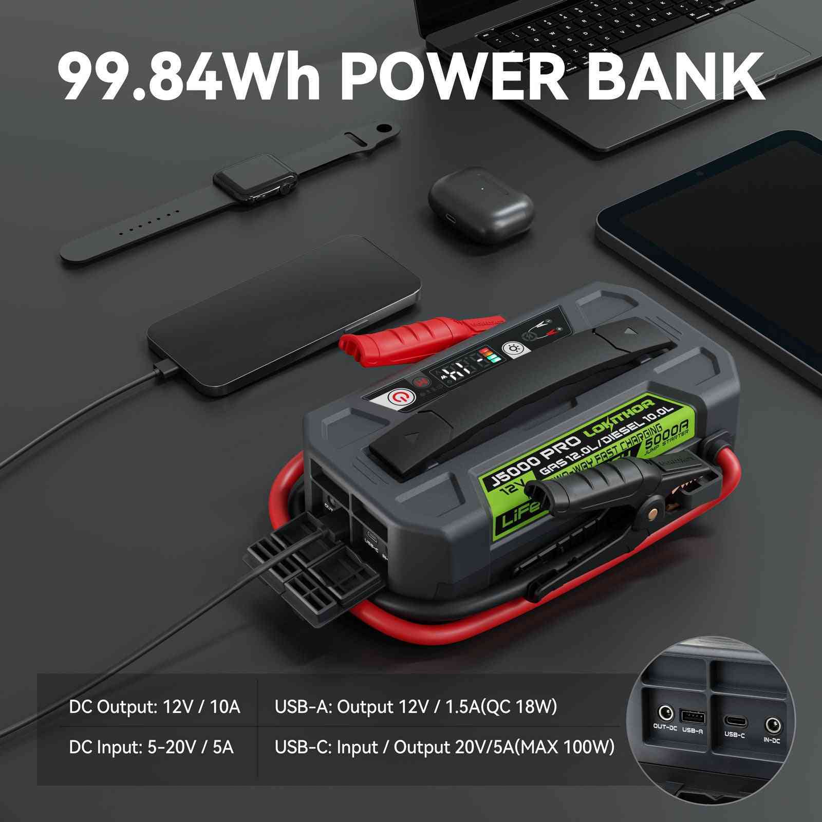 LOKITHOR J5000 PRO LiFePO4 Jump Starter 5000A with 100W Two-Way Fast Charging for 12.0L Gas / 10.0L Diesel
