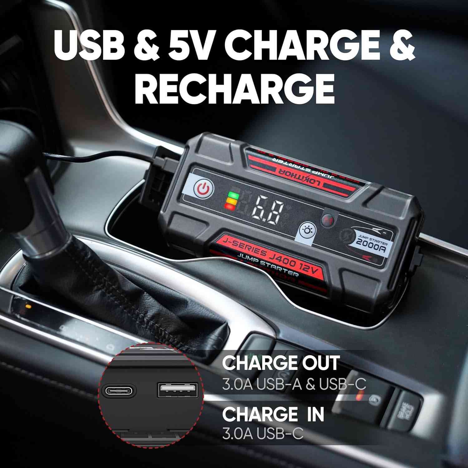LOKITHOR J400 Jump Starter with USB and 5V charge ports
