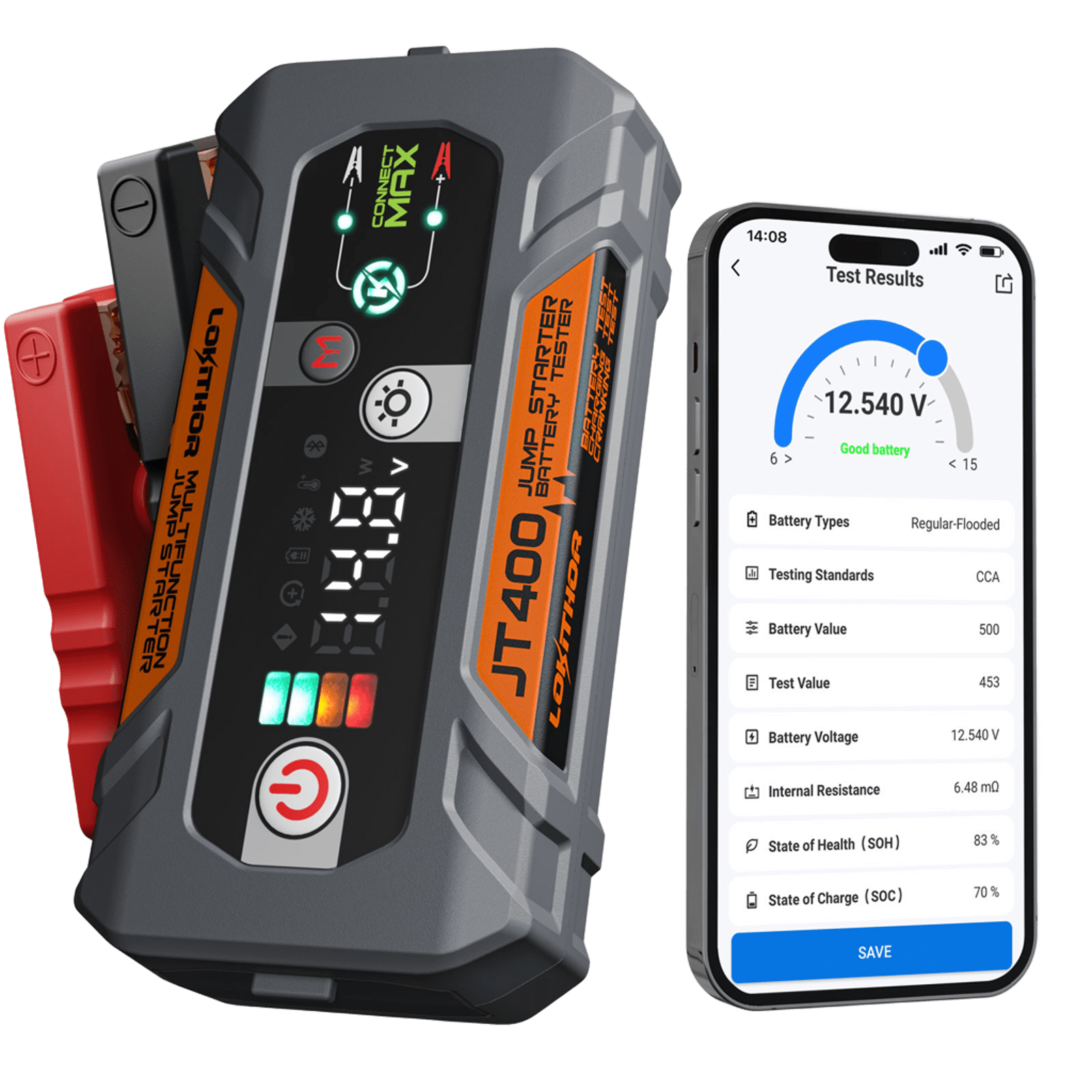 LOKITHOR JT400 100-2000 CCA Bluetooth Car Battery Tester Jump Starter 2500 Amps