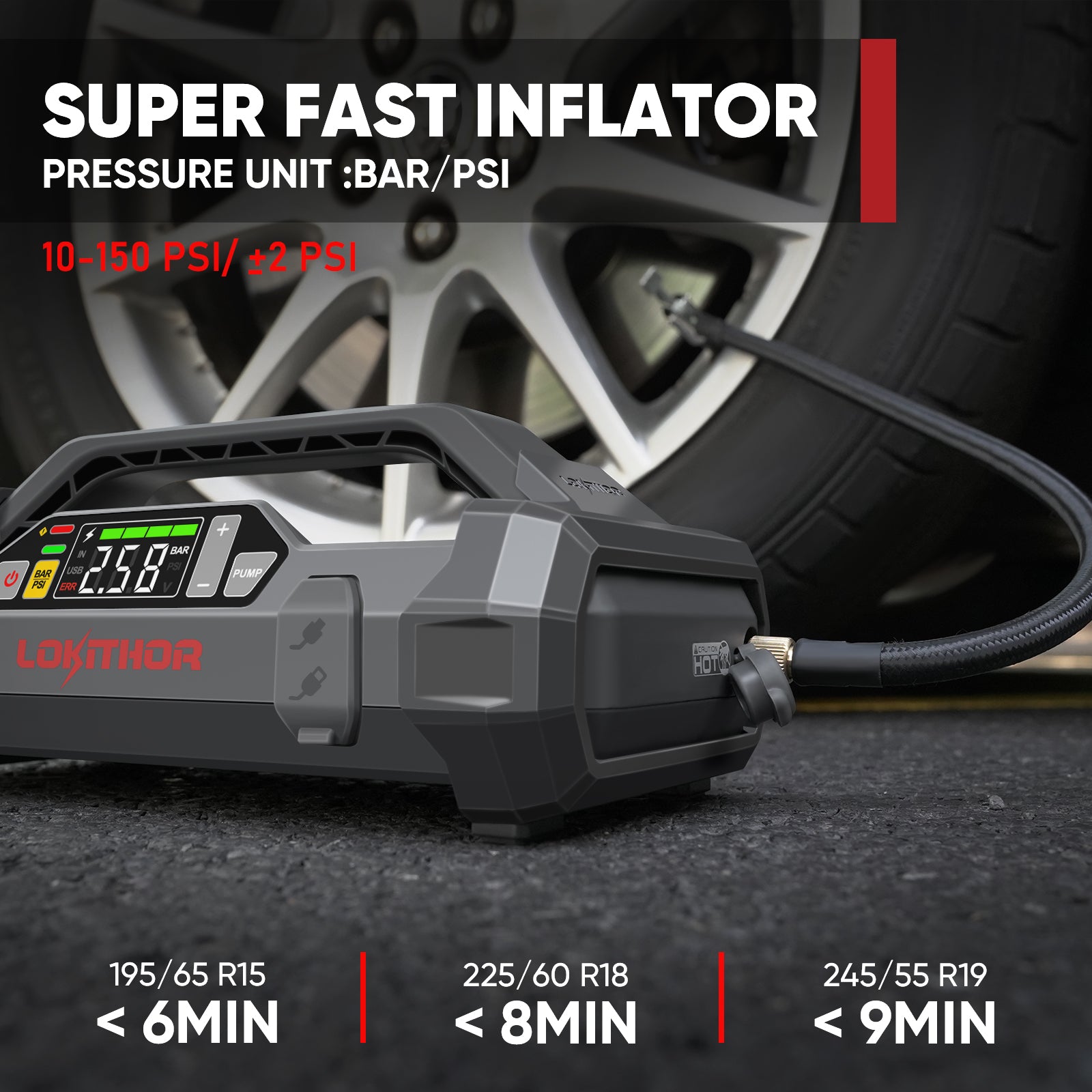Super fast inflator for car tires, 10-150 PSI range.