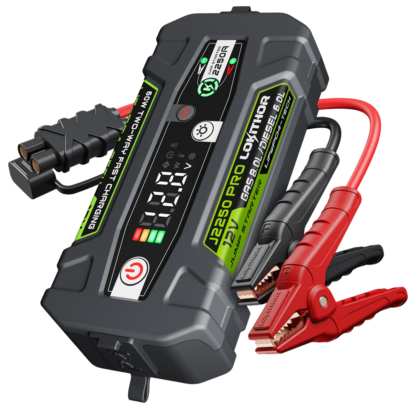 Portable LOKITHOR J2250 PRO Jump Starter with rugged design, 2250Amp power, and fast-charging capability. Ideal for vehicle emergency starts.