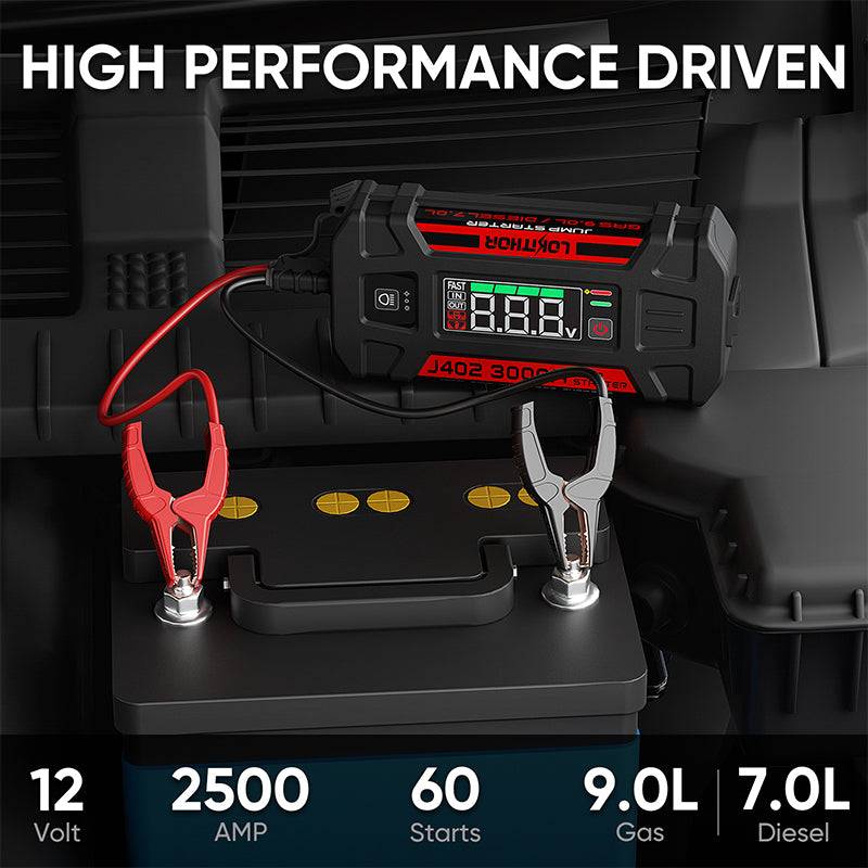 LOKITHOR J402 jump starter on car battery, high performance