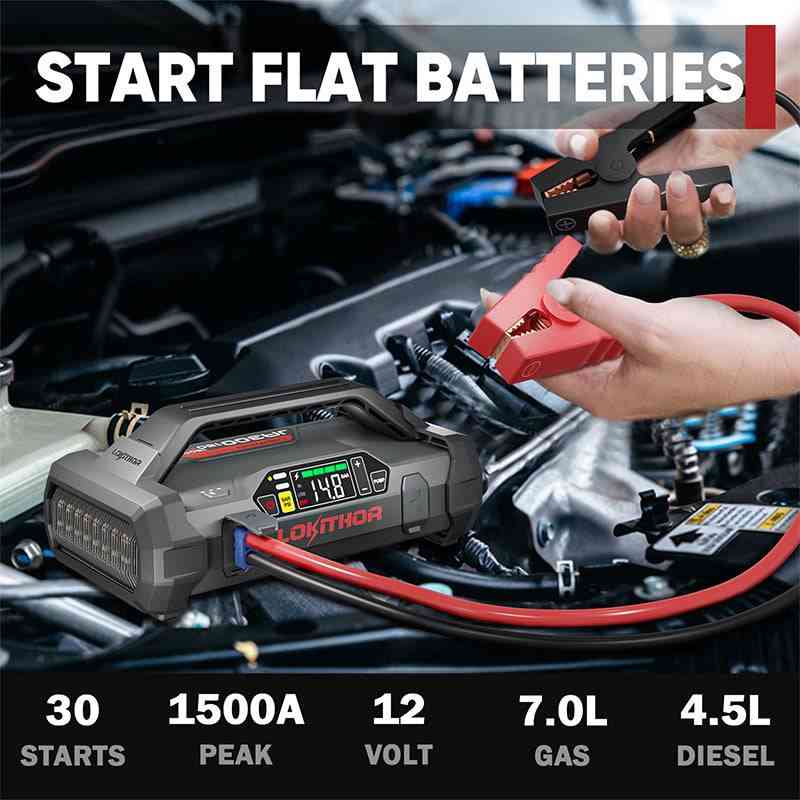LOKITHOR JA300 jump-starting a car engine