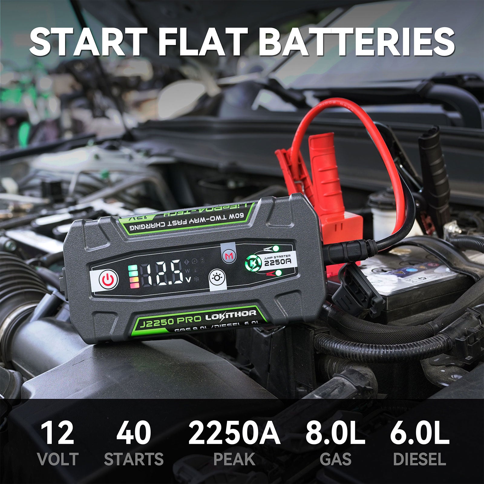 Powerful LOKITHOR J2250 PRO Jump Starter with 2250Amp peak current, capable of starting 8.0L gas and 6.0L diesel engines up to 40 times.