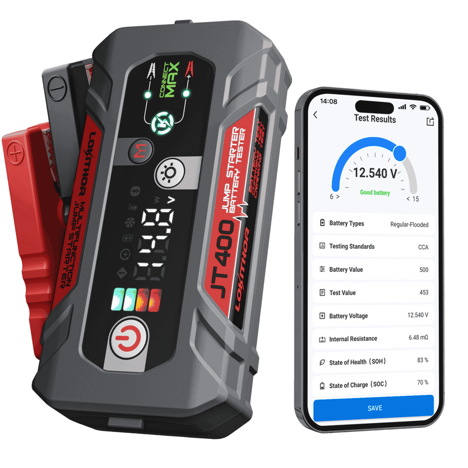 LOKITHOR JT400 CCA Jump Starter 2500A with Battery Tester for  8.5L Gas / 6.5L Diesel