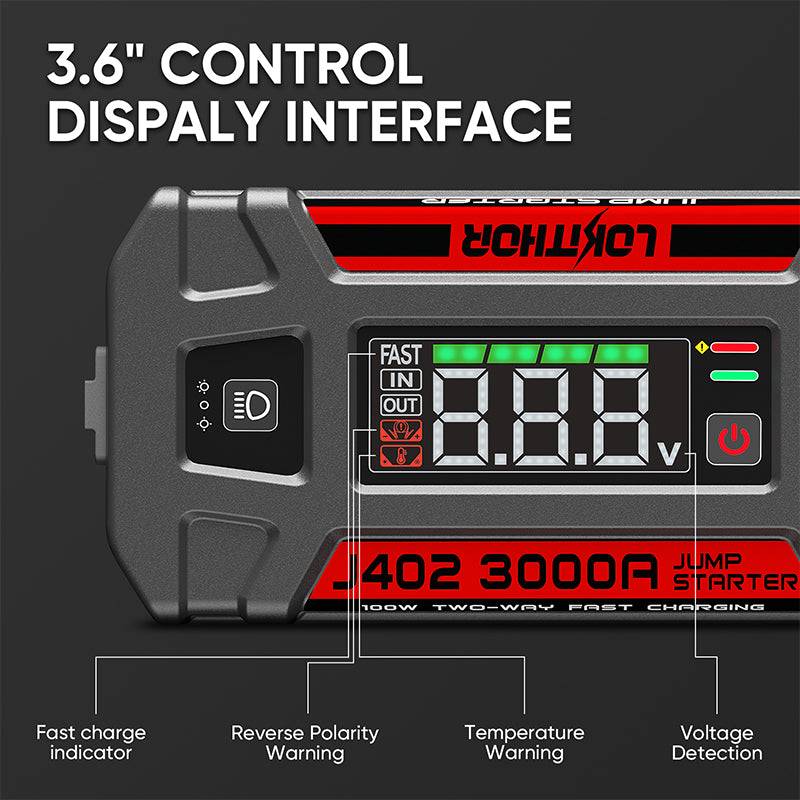 LOKITHOR J402 jump starter, 3.6-inch control display