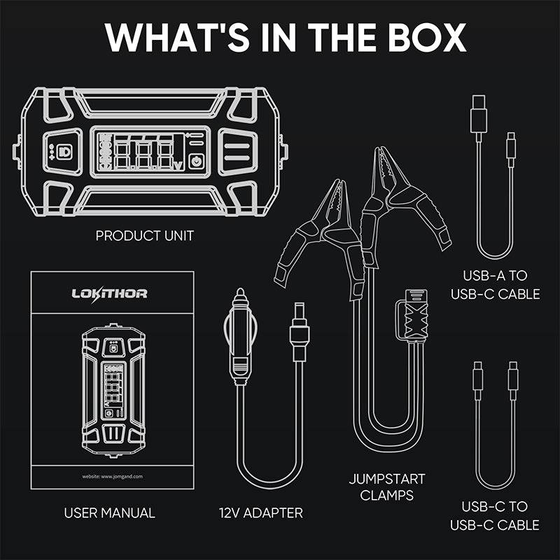 LOKITHOR J402 jump starter box contents diagram