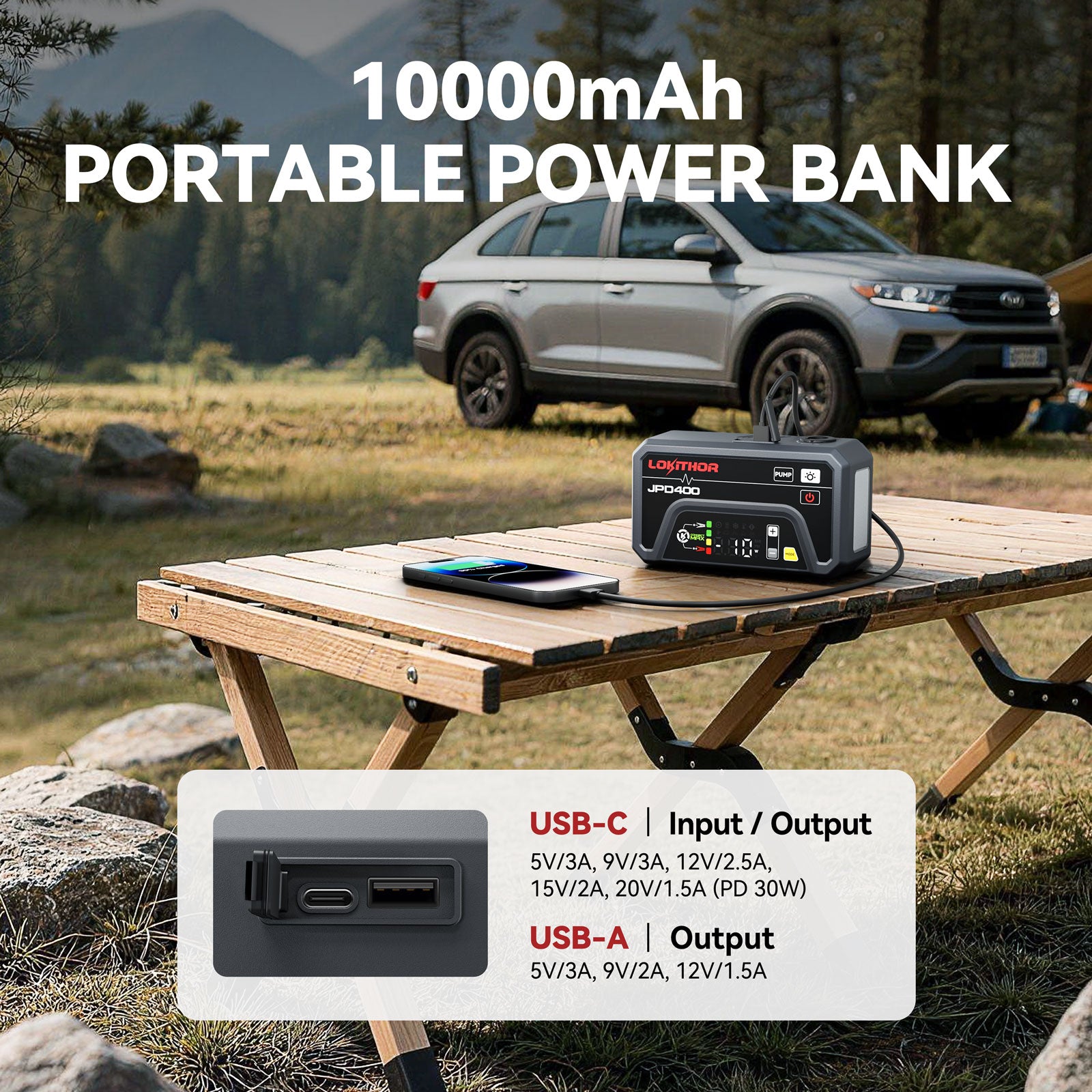 LOKITHOR JPD400 Jump Starter 3000A with 150PSI 2-Way Inflator & Deflat