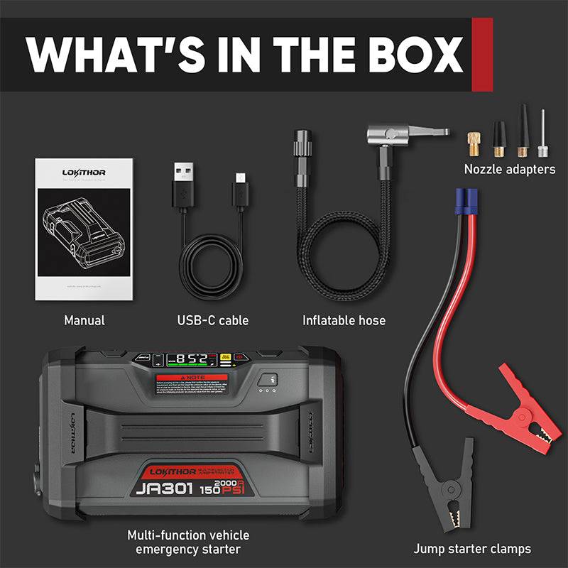 Starthilfe-Powerbank 5 in 1, Kompressor, USB, 12V, 20 Ah, 1000A