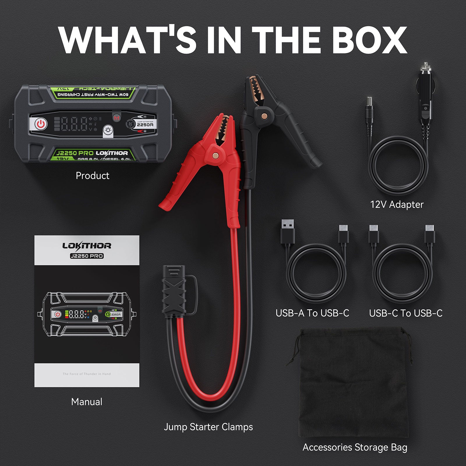 Complete LOKITHOR J2250 PRO Jump Starter package including clamps, USB cables, 12V adapter, manual, and storage bag for convenience.