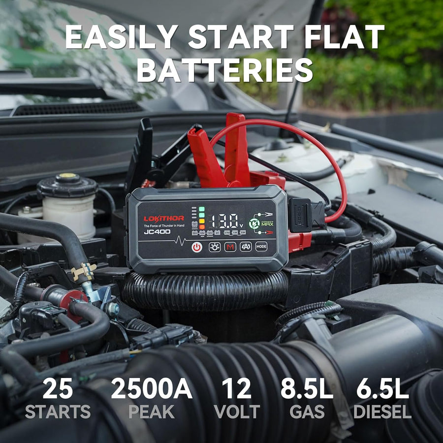 LOKITHOR JC400 9-in-1 CCA Jump Starter 2500A with Smart Charger & 6V/12V Battery Maintainer for 8.5L Gas / 6.5L Diesel