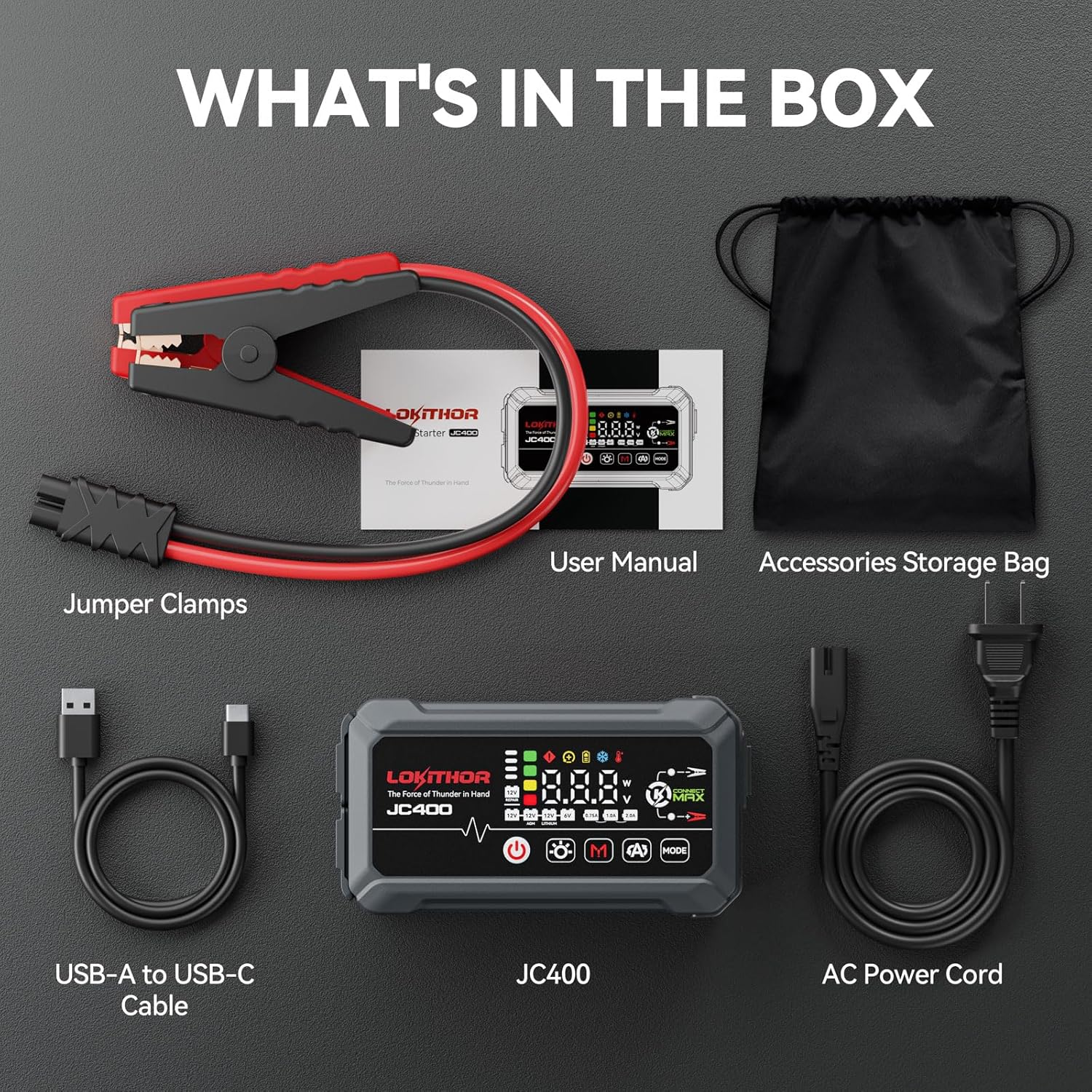 LOKITHOR JC400 9-in-1 CCA Jump Starter 2500A with Smart Charger & 6V/12V Battery Maintainer for 8.5L Gas / 6.5L Diesel
